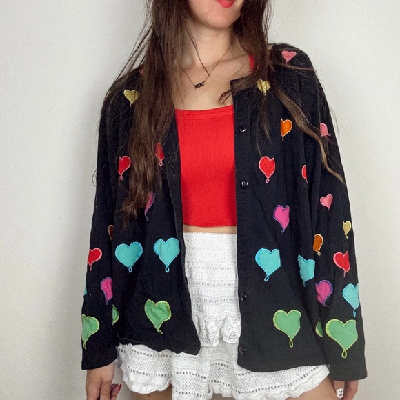 Michael Simon Sweaters - Michael Simon Vintage Light Balloon Heart Embroidered Cardigan Y2K Rare